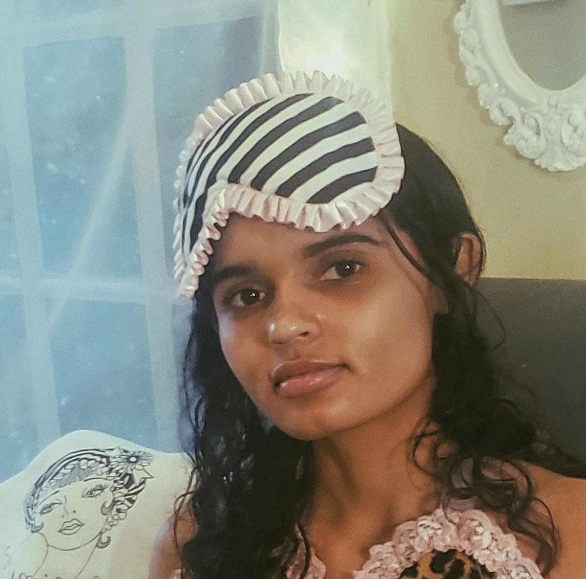 Black and White Stripe Sleep Mask with Pink Ruffles