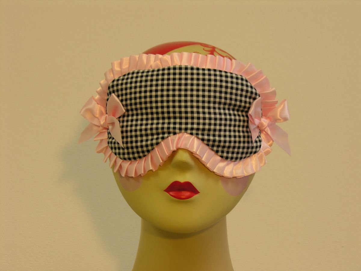 Feeling Parisian! Black and White Gingham Sleep Mask with Pink Ruffle and Bows