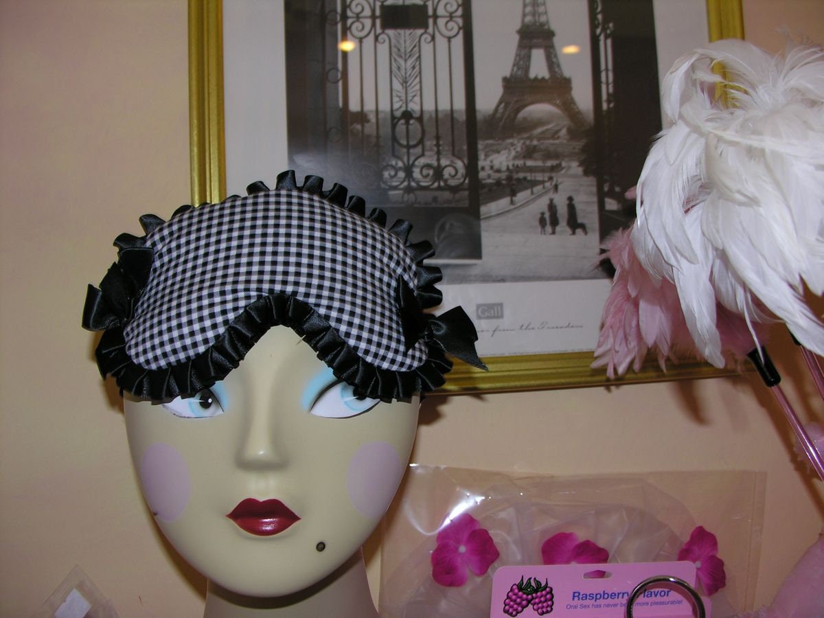 Feeling Parisian Black and White Gingham Sleep Mask with Ruffle and Bows