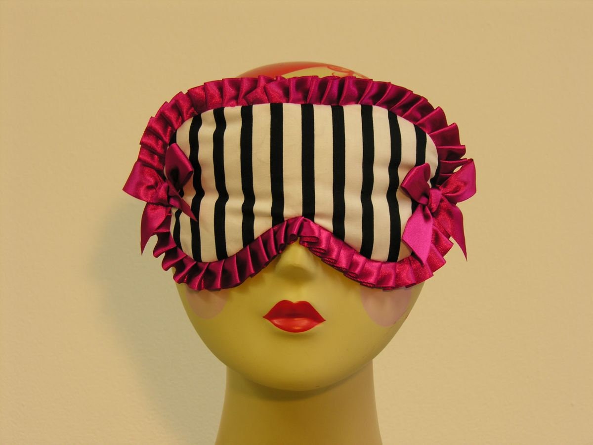 Black and White Stripe Sleep Mask with Hot Pink Ruffle and Bows