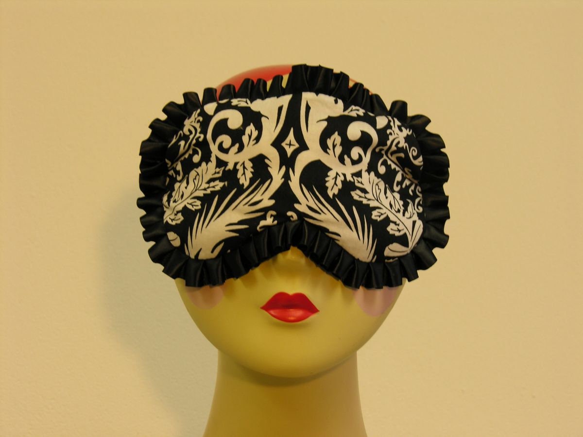 Black and White Damask Print Sleep Mask with Black Ruffle