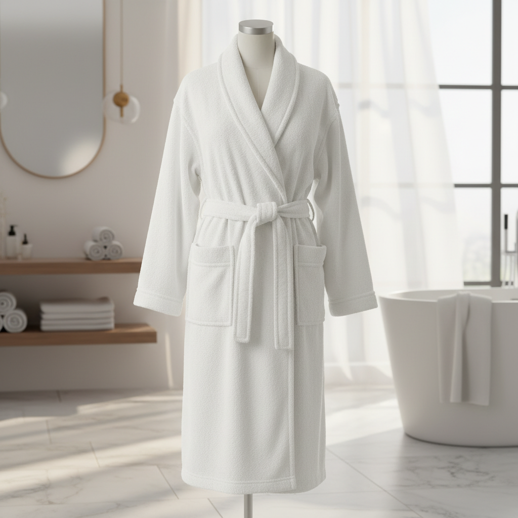 White Terry Cloth Robe with Pockets and Tie Belt
