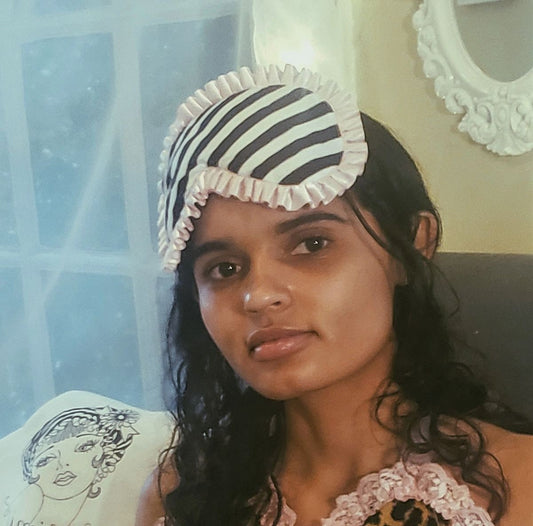 Black and White Stripe Sleep Mask with Pink Ruffles