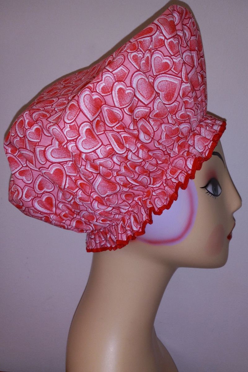 Pink & Red Hearts Shower Cap with Small Red Bow