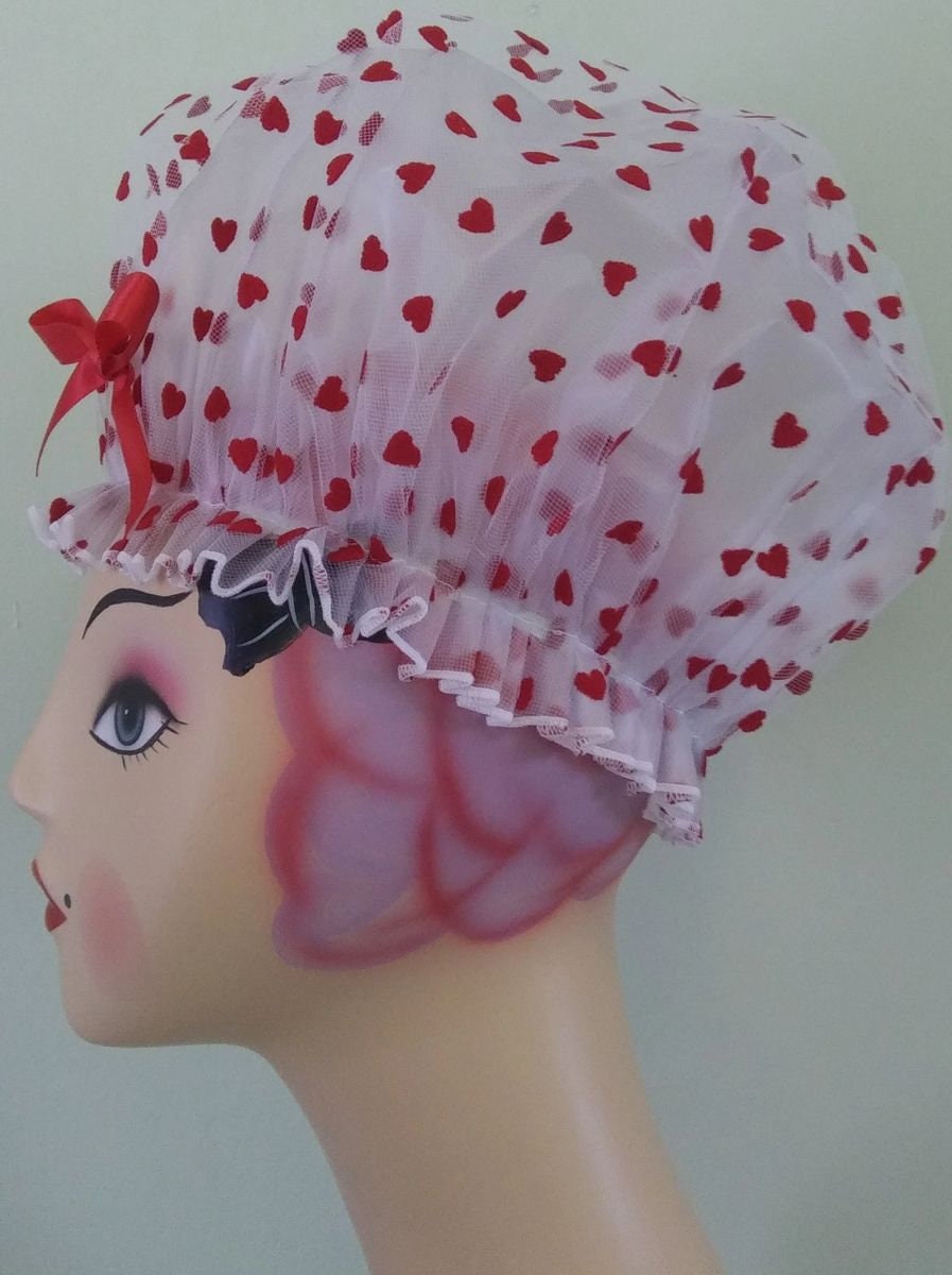 Red Hearts on White Shower Cap with Red Bow