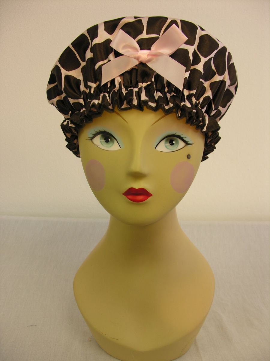 Brown and Bright Pink Giraffe Satin Bouffant Shower Cap