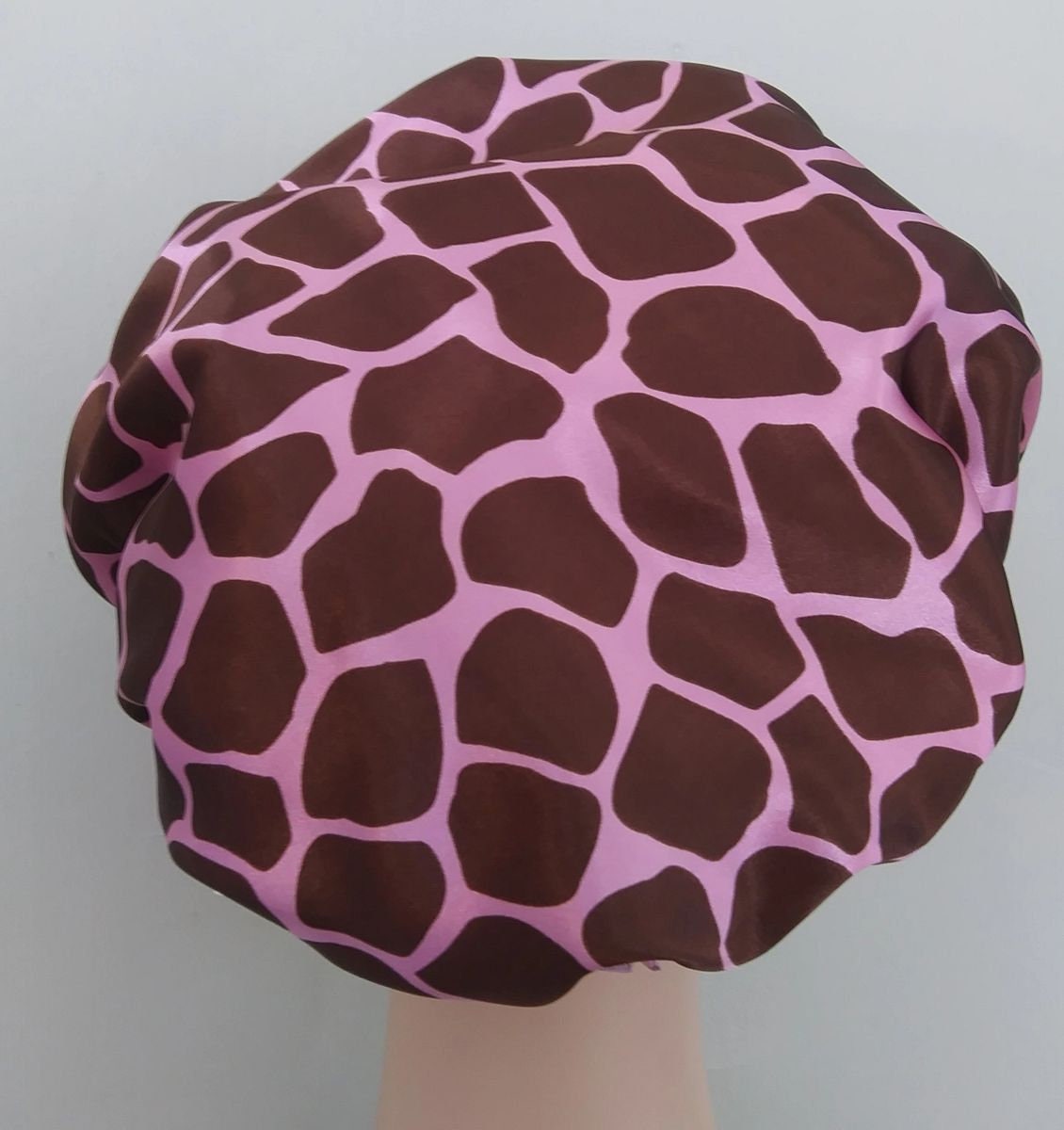 Brown and Bright Pink Giraffe Satin Bouffant Shower Cap