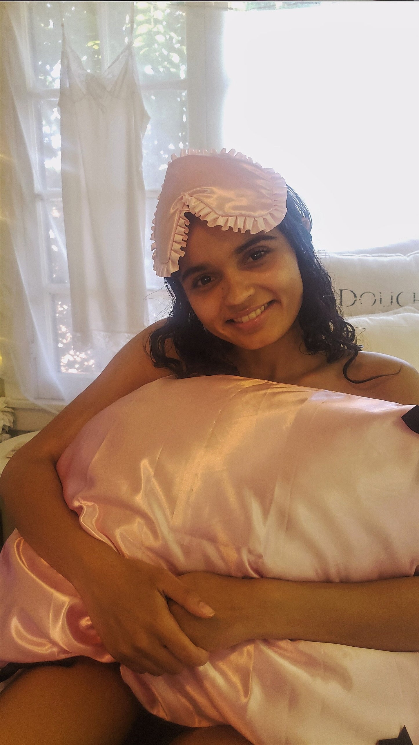 Pretty Pink Satin Sleep Mask with Box Pleat Ruffled Edge