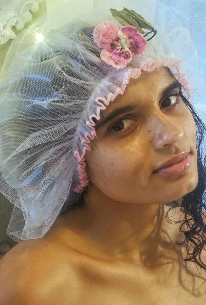 Simple Bouffant Shower Cap with Vintage Velvet Flower