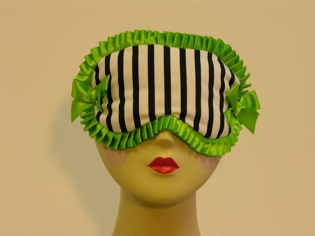Black and White Stripe Sleep Mask with Lime Green Ruffle