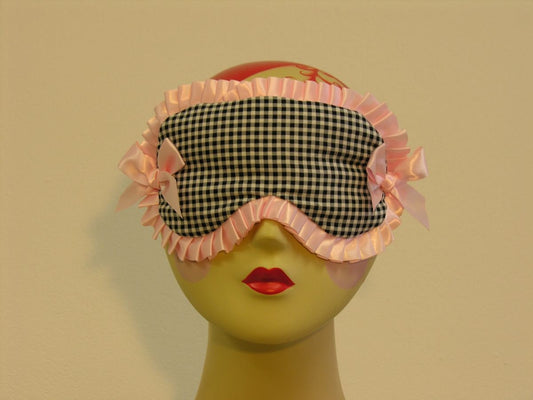 Feeling Parisian! Black and White Gingham Sleep Mask with Pink Ruffle and Bows