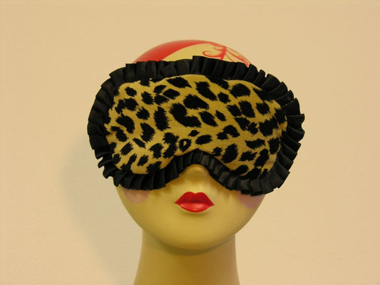 Old Hollywood Glamour Velveteen Leopard Sleep Mask with Black Satin Ruffles