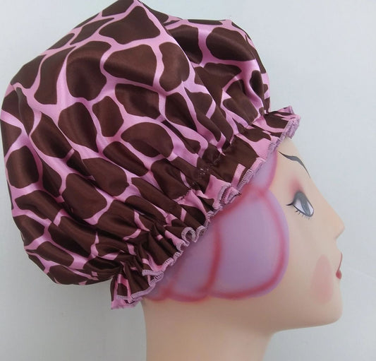 Brown and Bright Pink Giraffe Satin Bouffant Shower Cap