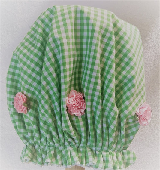 Preppy Pink and Green Gingham Shower Cap with Pink Flowers! An Easter Bonnet Perhaps?
