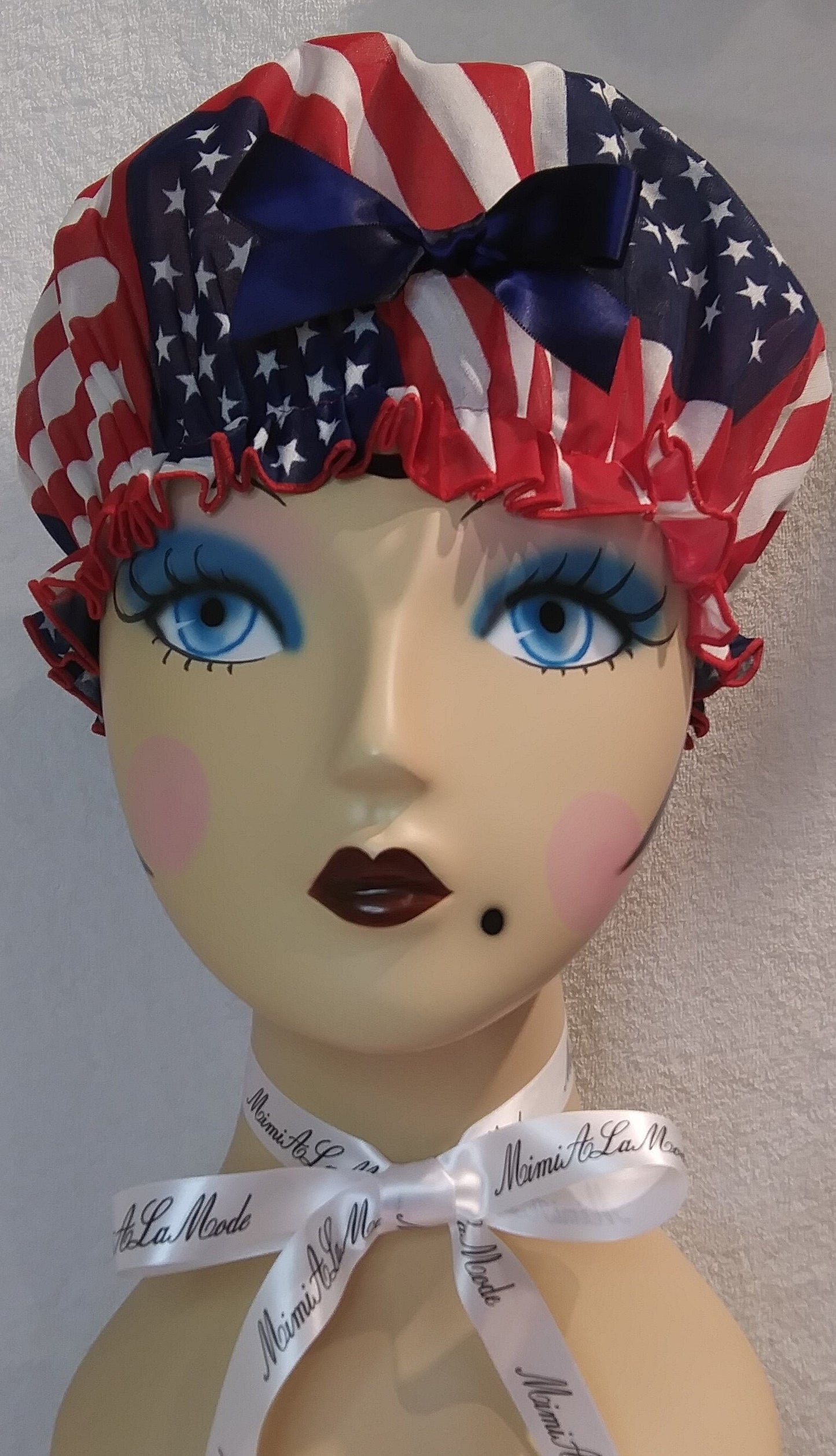 American Flag Shower Cap with Blue Bow