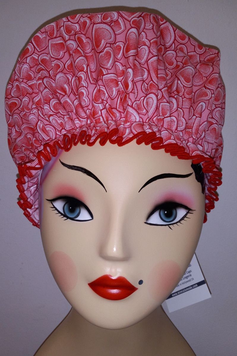Pink & Red Hearts Shower Cap with Small Red Bow