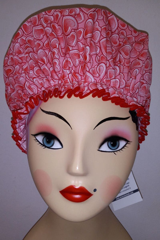 Pink & Red Hearts Shower Cap with Small Red Bow