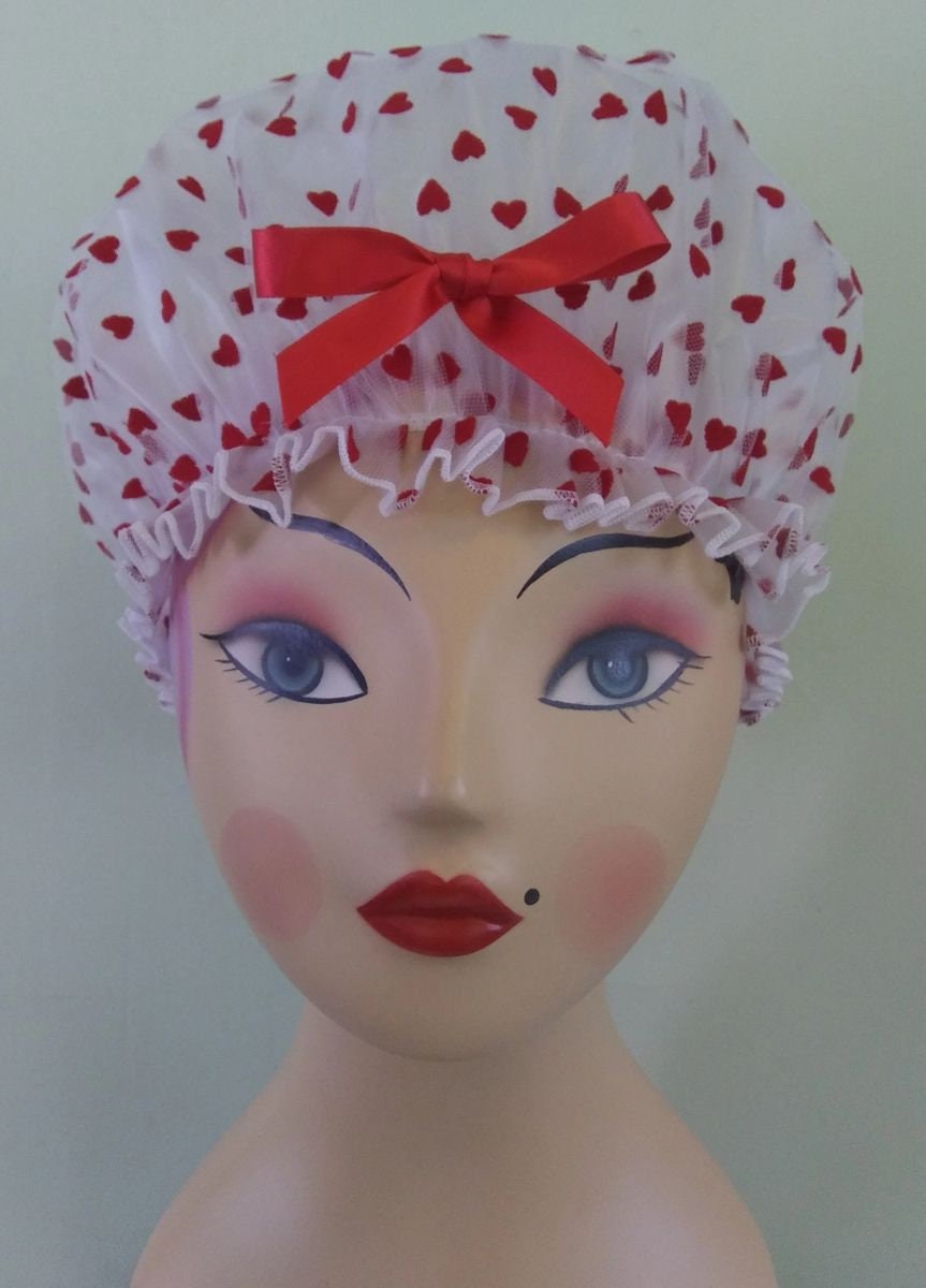 Red Hearts on White Shower Cap with Red Bow