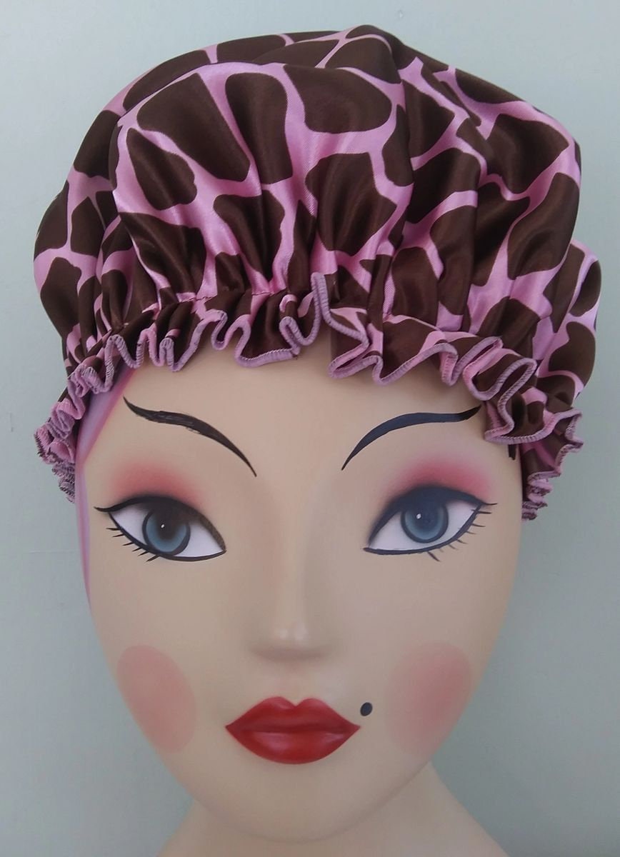 Brown and Bright Pink Giraffe Satin Bouffant Shower Cap