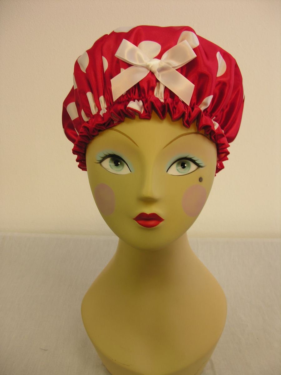 I Love Lucy! Red and White Polka Dots Satin Shower Cap