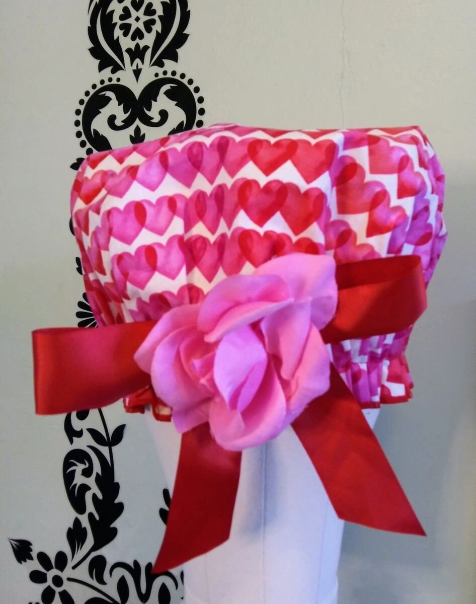 Pink & Red Hearts Shower Cap with Small Red Bow