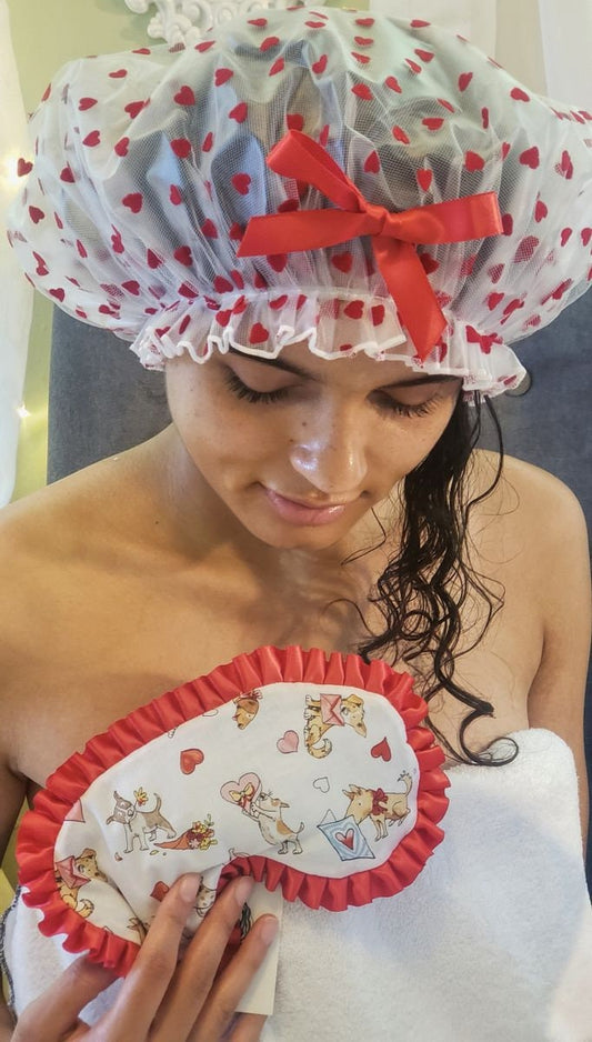 Red Hearts on White Shower Cap with Red Bow