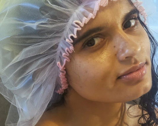 Simple Pink Bouffant Shower Cap with Vintage Velvet Flower